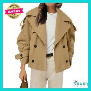 Cropped Trench Coat Double Breasted Windproof Jacket Chic Fall Outerwear